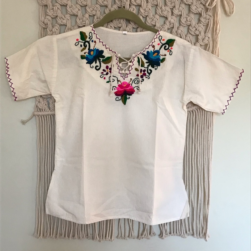 Traditional Pink and Blue Floral Embroidered Guatemalan Blouse Size Medium